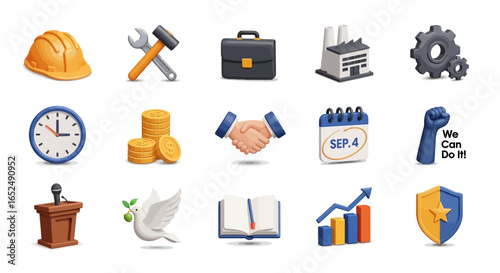 Vector Icons Set of Glossy 3D Icons for Labor Day A Modern Collection of Work and Industry Symbols. Vector Illustrations. EPS Editable