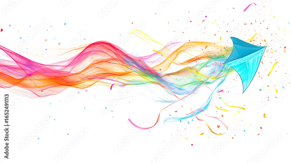 Fototapeta premium Abstract kite soaring with vibrant rainbow colors and confetti, celebrating joy and freedom isolated on white background