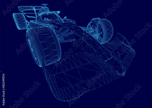 A sleek Formula 1 car rendered as a 3D wireframe model stands out against a vibrant blue background. The detailed mesh structure highlights the car's aerodynamic design and sporty silhouette.