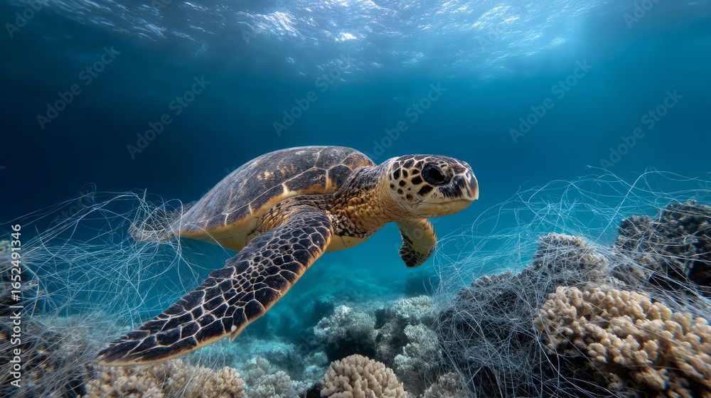 Obraz premium Plastic pollution in the ocean is an environmental problem. Sea Turtle trapped on a loose fishing net A global problem, threatening ocean wildlife