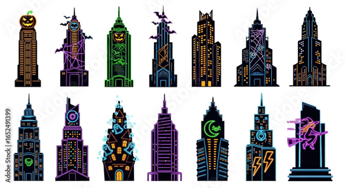 Vector Icons Set of Haunted Heights A Vibrant Neon Collection of Spooky Halloween Skyscraper Icons. Vector Illustrations. EPS Editable