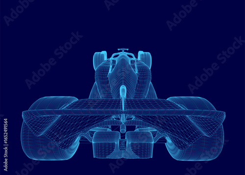 Blueprint of a sleek race car displayed in wireframe style on a vibrant blue background. The detailed design highlights aerodynamic curves, precise engineering, and high-performance components.