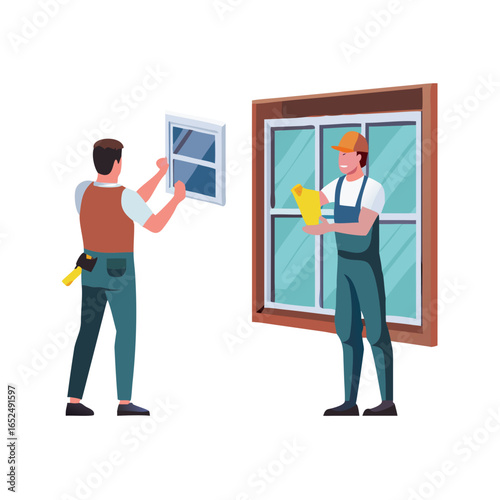 Repairing and reconstruction at home concept. Two men workers in uniform standing changing window for plastic one at home or office working vector illustration See Less