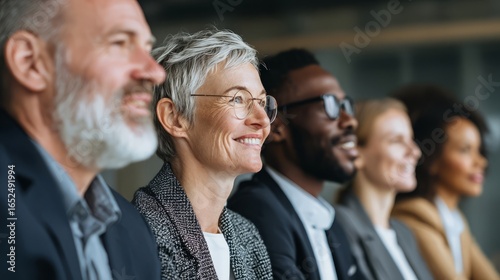 Senior businesswoman smiling in meeting, side profile in a bright modern office