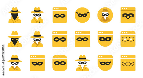 Vector Icons Set of Modern Flat Icon Set of Anonymous Spies and Incognito Web Browser Windows. Vector Illustrations. EPS Editable