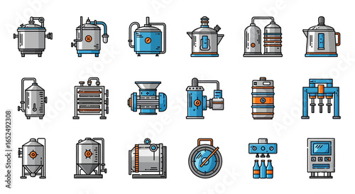 Vector Icons Set of Modern Flat Line Icon Set of Brewery and Beer Production Equipment. Vector Illustrations. EPS Editable