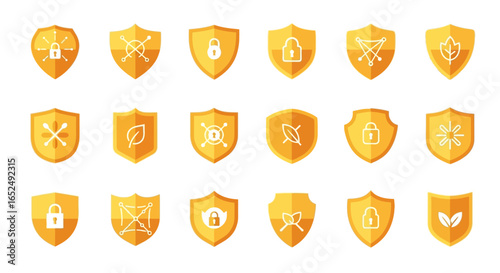 Vector Icons Set of Modern Golden Shields A Flat Icon Collection for Digital and Environmental Protection. Vector Illustrations. EPS Editable