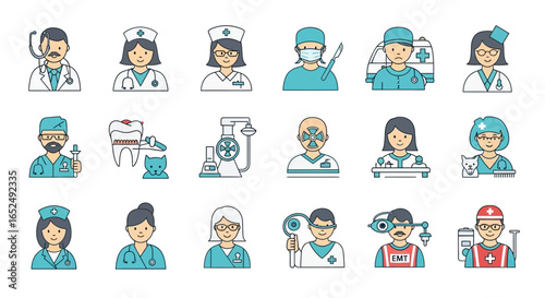 Vector Icons Set of Modern Medical Avatars Diverse Healthcare Professionals Icon Collection. Vector Illustrations. EPS Editable