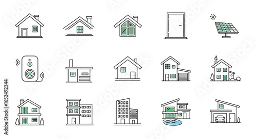 Vector Icons Set of Modern Real Estate and Smart Home Line Icons with Green Color Accents. Vector Illustrations. EPS Editable