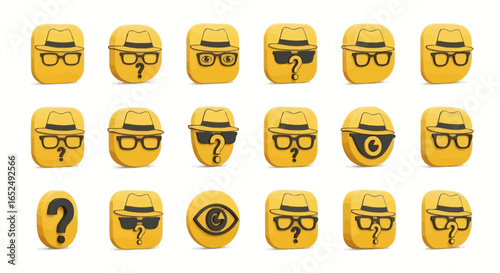 Vector Icons Set of Mysterious 3D Incognito Avatars A Grid of Yellow Spy and Question Icons. Vector Illustrations. EPS Editable
