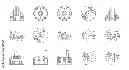Vector Icons Set of Motor City Legacy A Collection of DetroitThemed Minimalist Line Art Icons. Vector Illustrations. EPS Editable