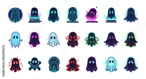 Vector Icons Set of Neon Cyber Ghost Icon Set Futuristic Digital Specters and Holograms. Vector Illustrations. EPS Editable