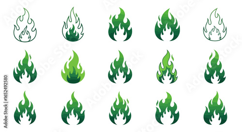 Vector Icons Set of Mystical Green Fire A Versatile Collection of Stylized Flame Logo Icons. Vector Illustrations. EPS Editable