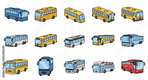 Vector Icons Set of Playful Fleet A Colorful Isometric Collection of Cartoon Bus Illustrations. Vector Illustrations. EPS Editable