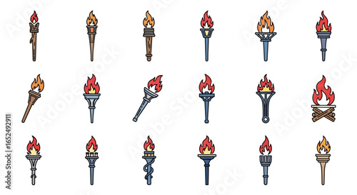 Vector Icons Set of Stylized Collection of Diverse Flaming Torch Icons in Colorful Line Art. Vector Illustrations. EPS Editable