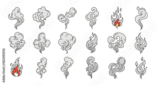 Vector Icons Set of Stylized Collection of Swirling Smoke Steam and Fire Line Art Illustrations. Vector Illustrations. EPS Editable