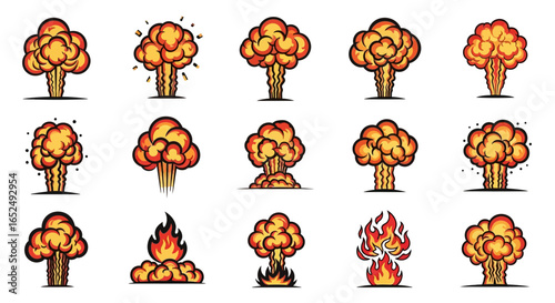 Vector Icons Set of Stylized Comic Book Explosions A Vibrant Set of Fire and Cloud Icons. Vector Illustrations. EPS Editable