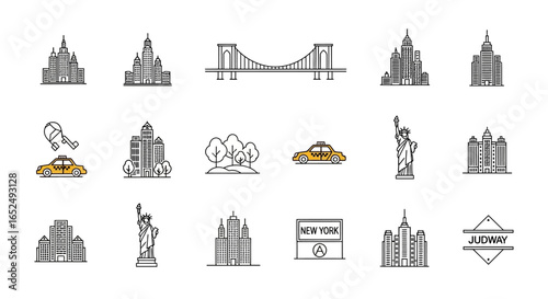 Vector Icons Set of The Big Apple in Outline A Modern Set of New York City Line Icons. Vector Illustrations. EPS Editable