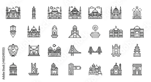 Vector Icons Set of Turkish Landmarks and Islamic Culture A Minimalist Line Art Icon Set. Vector Illustrations. EPS Editable