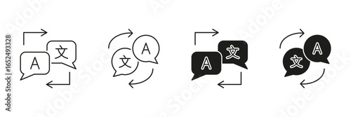 Speech Bubbles for Language Translation Line And Solid Icon Set. Multilingual Communication And Interpretation Symbol Collection. Language Exchange. Isolated Vector Illustration