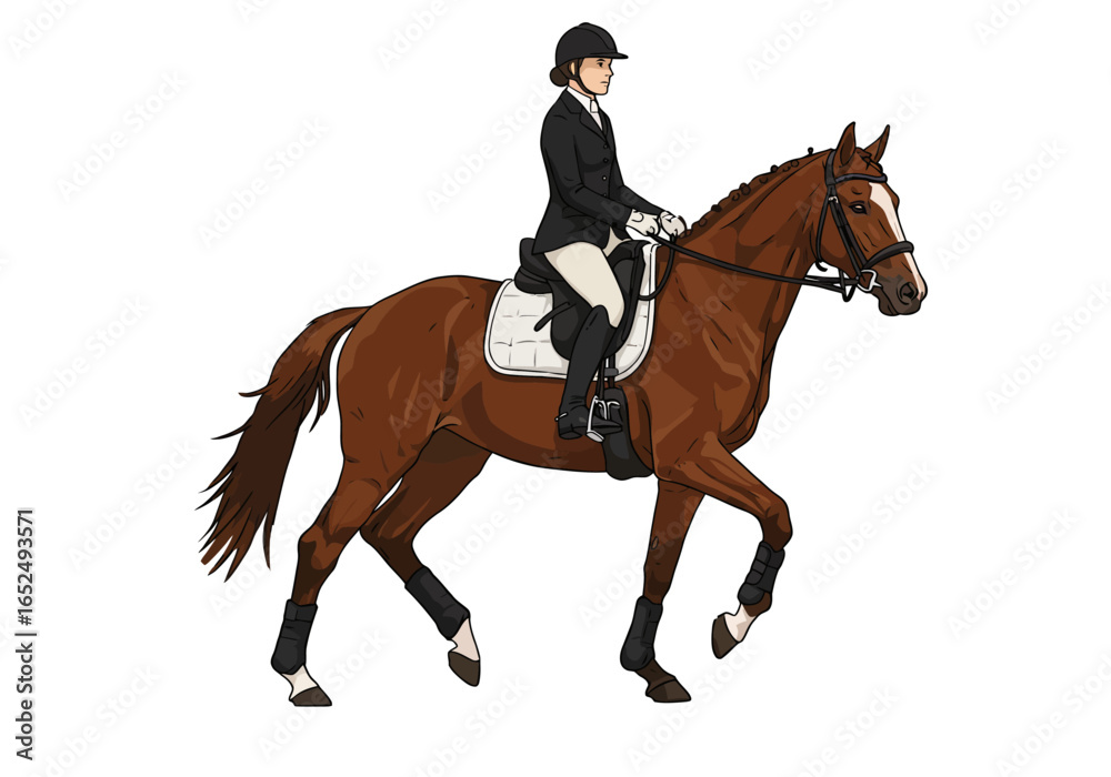 Fototapeta premium Equestrian Rider on a Chestnut Horse in Dressage Attire