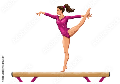Gymnast Performing Balance Beam Routine in Pink Leotard