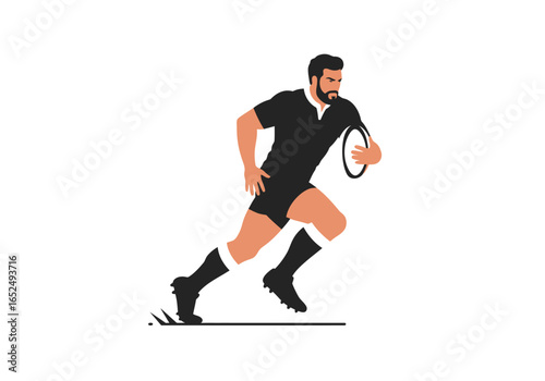 Rugby Player Running with Ball in Black Uniform and Socks