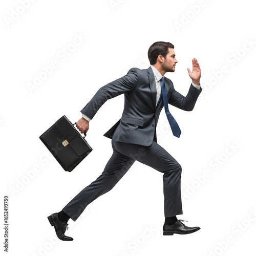 Businessman running with briefcase isolated on transparent background