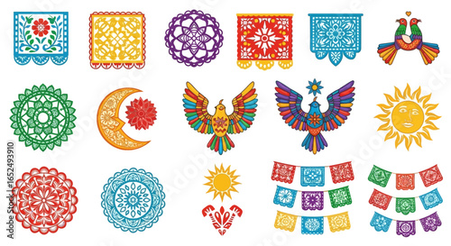 Vector Icons Set of Vibrant Collection of Mexican Folk Art Papel Picado Festive Birds and Celestial Icons. Vector Illustrations. EPS Editable