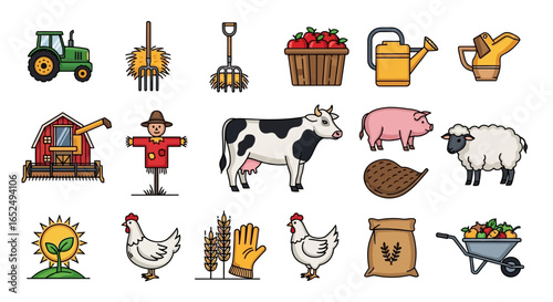 Vector Icons Set of Vibrant Farm Life Illustrated A Colorful Set of Agricultural Icons. Vector Illustrations. EPS Editable