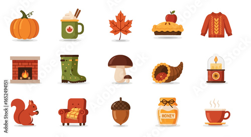 Vector Icons Set of Vibrant Flat Design Icon Set of Cozy Autumn Symbols and Comforts. Vector Illustrations. EPS Editable