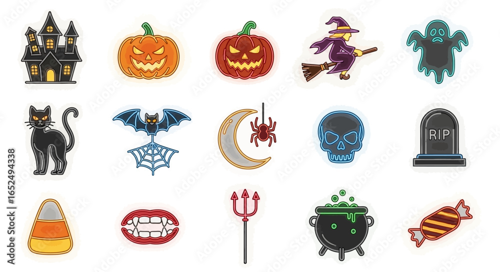 Naklejka premium Vector Icons Set of Vibrant Halloween Icon Set with Luminous Neon Glow Effect on White. Vector Illustrations. EPS Editable