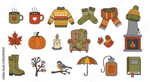 Vector Icons Set of Vibrant HandDrawn Icon Set Celebrating Cozy Autumn Comforts and Hygge. Vector Illustrations. EPS Editable