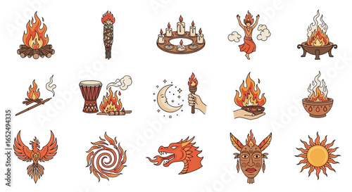 Vector Icons Set of Vibrant HandDrawn Icons of Fire Rituals and Mythical Symbols. Vector Illustrations. EPS Editable