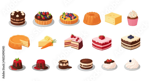 Vector Icons Set of Vibrant Illustrated Assortment of Cakes Tarts and Sweet Pastries. Vector Illustrations. EPS Editable