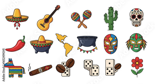 Vector Icons Set of Vibrant Illustrated Collection of Latin American and Mexican Cultural Symbols. Vector Illustrations. EPS Editable