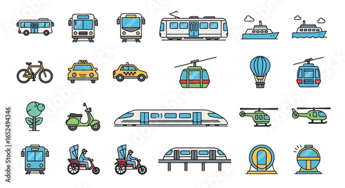 Vector Icons Set of Vibrant Flat Line Icon Set of Diverse Public and Private Transportation. Vector Illustrations. EPS Editable