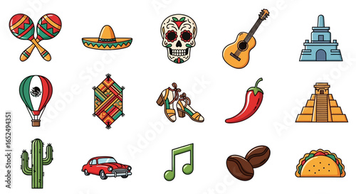 Vector Icons Set of Vibrant Illustrated Set of Classic Mexican Cultural Icons and Symbols. Vector Illustrations. EPS Editable