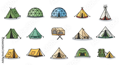 Vector Icons Set of Vibrant Illustrated Set of Diverse Camping Tents and Outdoor Shelters. Vector Illustrations. EPS Editable