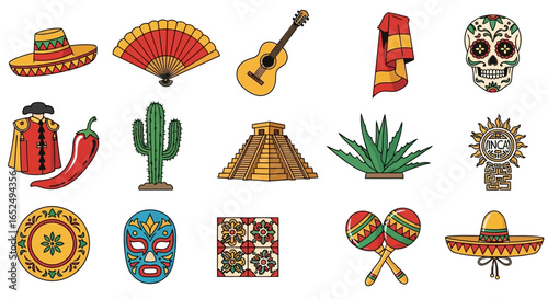 Vector Icons Set of Vibrant Illustrated Collection of Latin American and Spanish Cultural Icons. Vector Illustrations. EPS Editable