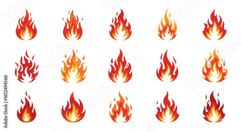 Vector Icons Set of Vibrant Set of Stylized Cartoon Fire and Flame Vector Illustrations. Vector Illustrations. EPS Editable