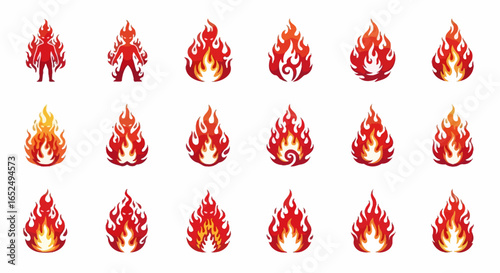 Vector Icons Set of Vibrant Set of Stylized Fire Icons Featuring Demonic Figures and Abstract Flames. Vector Illustrations. EPS Editable