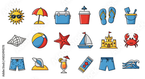 Vector Icons Set of Vibrant Summer Beach Vacation Icon Collection in a Playful Cartoon Style. Vector Illustrations. EPS Editable