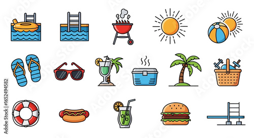 Vector Icons Set of Vibrant Summer Fun Icon Collection Pool Party BBQ and Beach Day Essentials. Vector Illustrations. EPS Editable