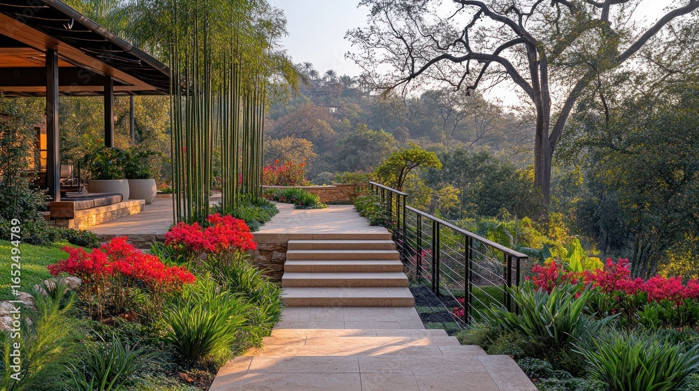 Obraz premium Modern patio steps to hillside view