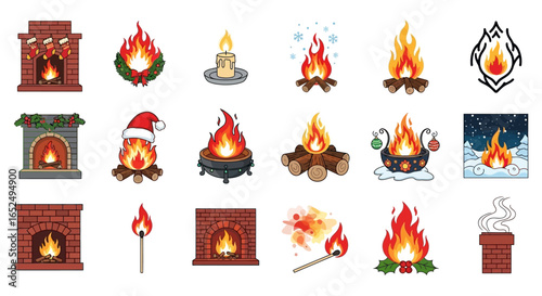 Vector Icons Set of A Cozy Collection of Cartoon Fire Fireplace and Holiday Warmth Illustrations. Vector Illustrations. EPS Editable