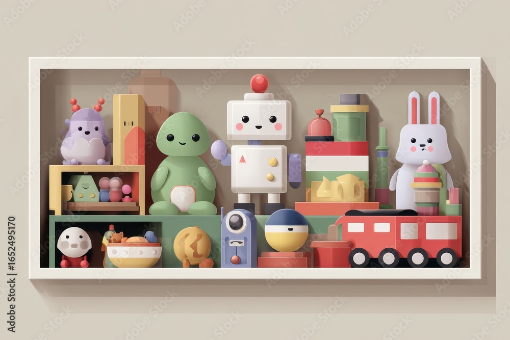 Obraz premium Toys on a shelf. Cute robot looks on. Colorful toys stacked. Good for kids' content