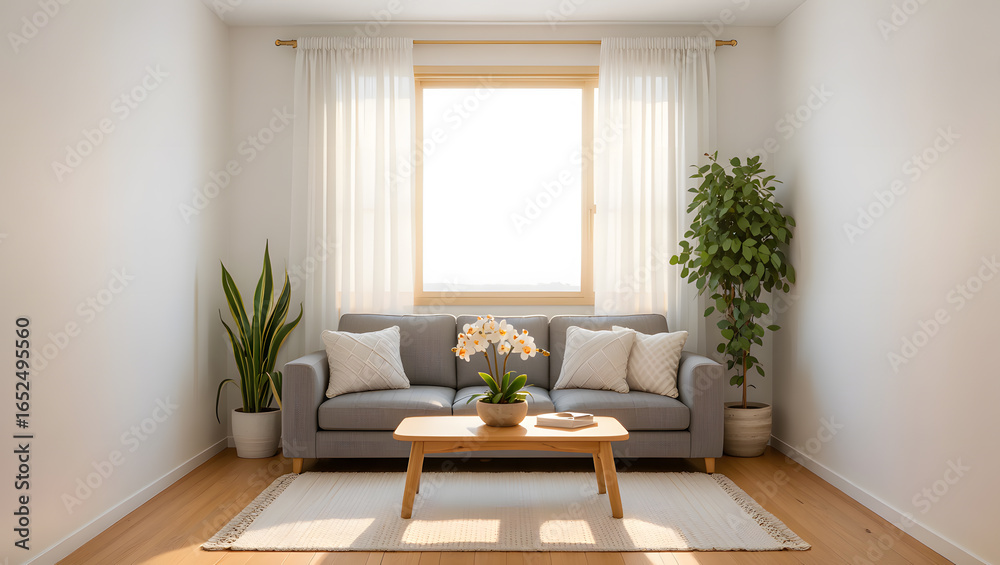 Fototapeta premium Bright Minimalist Living Room: Gray Sofa, Natural Light, Plants, and Neutral Decor.