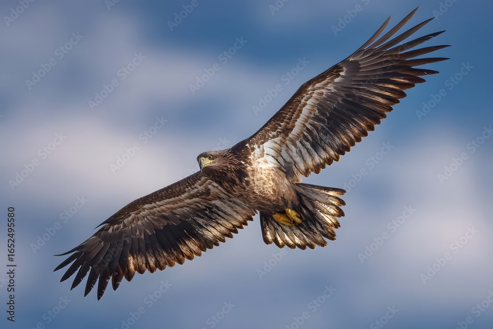 Obraz premium A soaring eagle in a blue sky.