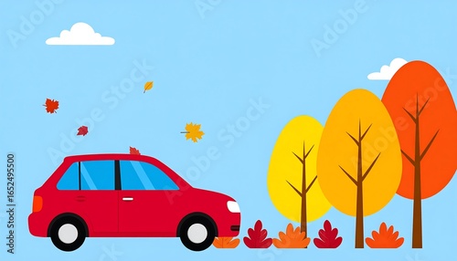 Cartoon red car drives through autumn leaves